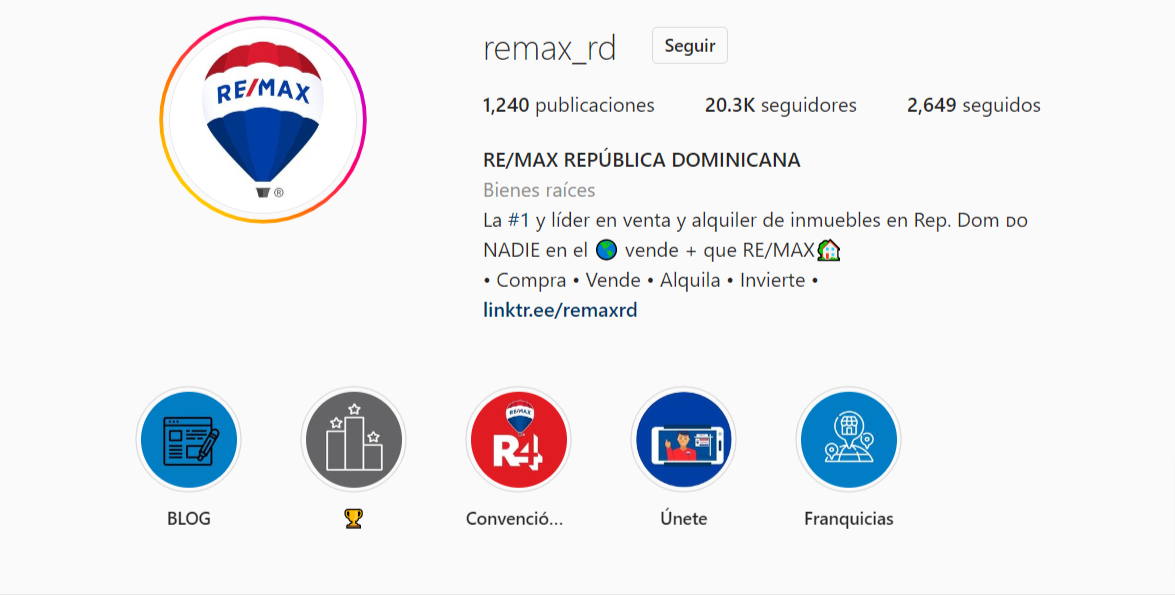 Perfil y historias destacadas en Instagram de Remax RD